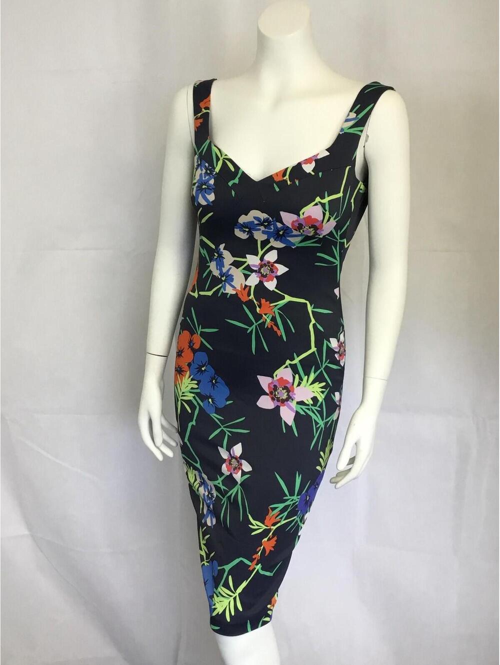 [365] Karen Millen Dress Womens UK 6 Multicolor Floral Bodycon Sheath Knee Party